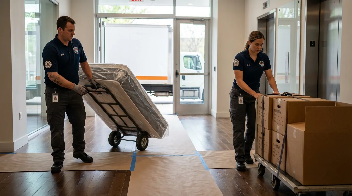 Professional apartment movers loading elevator in Germantown, WI
